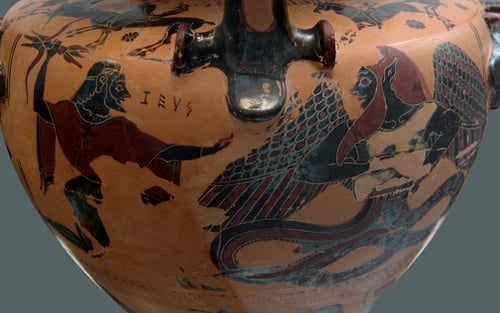 Zeus aiming his lighting bolt at Typhon