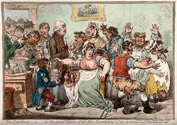 Caricature of Edward Jenner inoculating patients in the Smallpox and Inoculation Hospital at St. Pancras. The patients are shown growing cow heads from parts of their anatomy following the vaccination. There is a print of the golden calf on the wall behind them. Patients are spoon-fed "opening mixture" as they come through the door. A boy standing next to Jenner is holding his pot labelled "vaccine pock hot from ye cow", on his jacket is a badge saying "Pancras" and in his pocket a paper entitled "Benefits of the vaccine process". Lettering: The cow-pock - or - the wonderful effects of the new inoculation! - Vide, the publications of ye anti-vaccine society. Js. Gillray