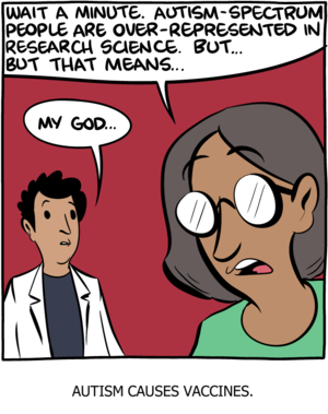 Comic panel of two scientists talking. The dialogue is: "Wait a minute. Autism-spectrum people are overrepresented in research science. But... But... that means..." "My god...". "Autism causes vaccines" appears below the panel as text.