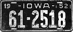 Iowa 1952 license plate - Number 61-2518.jpg