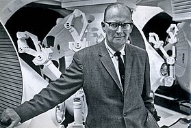 Clarke in February 1965, on one of the sets of 2001: A Space Odyssey