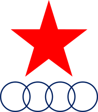 Red star, 4x blue overlapping rings.svg