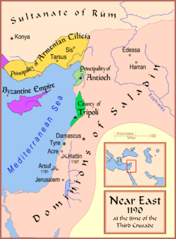 Map presenting Tyre and the regions of Antioch and Tripoli as the last remnants of the crusader states, surrounded by Saladin's empire