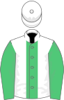 White, emerald green panel and sleeves, white cap