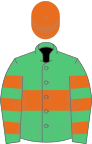 Emerald green, orange hoop, hooped sleeves, orange cap