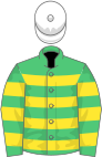 Emerald green and orange hooped, white cap