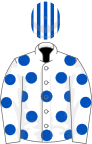 WHITE, royal blue spots, striped cap