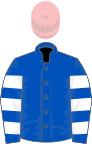 Royal blue, white hooped sleeves, pink cap