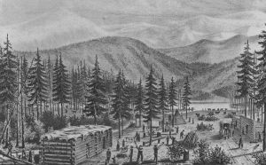 Three log cabins with flat roofs set in the midst of tall trees, with mountains in the background. People, livestock, and covered wagons are engaged in various activities in a clearing in the middle of the cabins.