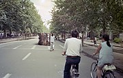 A burned vehicle in Zhongguancun Street in Beijing.