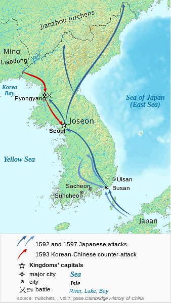 Map of Japanese Invasions of Korea, 1592-98 CE