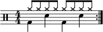 
           \new Staff <<
              \new voice \relative c' {
                  \clef percussion
                  \numericTimeSignature
                  \time 4/4
                  \set Score.tempoHideNote = ##t \tempo 4 = 100
                  \stemDown \repeat volta 2 { g4 d' g, d' }
              }
              \new voice \relative c'' {
                  \override NoteHead.style = #'cross
                  \stemUp \repeat volta 2 { a8 a a a a a a a }
              }
          >>