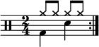 
           \new Staff <<
              \new voice \relative c' {
                  \clef percussion
                  \numericTimeSignature
                  \time 2/4
                  \set Score.tempoHideNote = ##t \tempo 4 = 100
                  \stemDown \repeat volta 2 { g4 d' }
              }
              \new voice \relative c'' {
                  \override NoteHead.style = #'cross
                  \stemUp \repeat volta 2 { a8 a a a }
              }
          >>