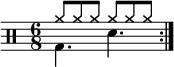 
          \new Staff <<
              \new voice \relative c' {
                  \clef percussion
                  \numericTimeSignature
                  \time 6/8
                  \set Score.tempoHideNote = ##t \tempo 4. = 80
                  \stemDown \repeat volta 2 { g4. d' }
              }
              \new voice \relative c'' {
                  \override NoteHead.style = #'cross
                  \stemUp \repeat volta 2 { a8 a a a a a }
              }
          >>