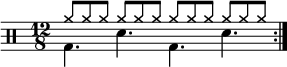 
           \new Staff <<
              \new voice \relative c' {
                  \clef percussion
                  \numericTimeSignature
                  \time 12/8
                  \set Score.tempoHideNote = ##t \tempo 4. = 80
                  \stemDown \repeat volta 2 { g4. d' g, d' }
              }
              \new voice \relative c'' {
                  \override NoteHead.style = #'cross
                  \stemUp \repeat volta 2 { a8 a a a a a a a a a a a }
              }
          >>