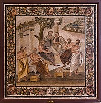 Mosaic: seven men standing under a tree