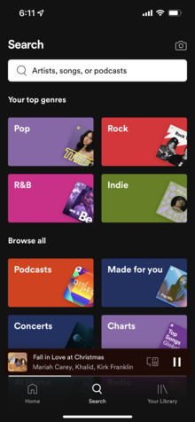 Screenshot of Spotify version 8.6.42 on iOS (June 2021), showcasing the app's Search tab.