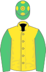 Yellow, emerald green sleeves, green cap, yellow spots