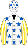 White,royal blue stars,yellow and white striped slvs,white cap,blue diamonds