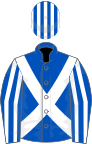 ROYAL BLUE, white cross sashes, striped sleeves and cap