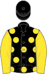 Black, yellow spots, yellow sleeves, black cap