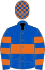 Royal blue, orange hoop, hooped sleeves, check cap
